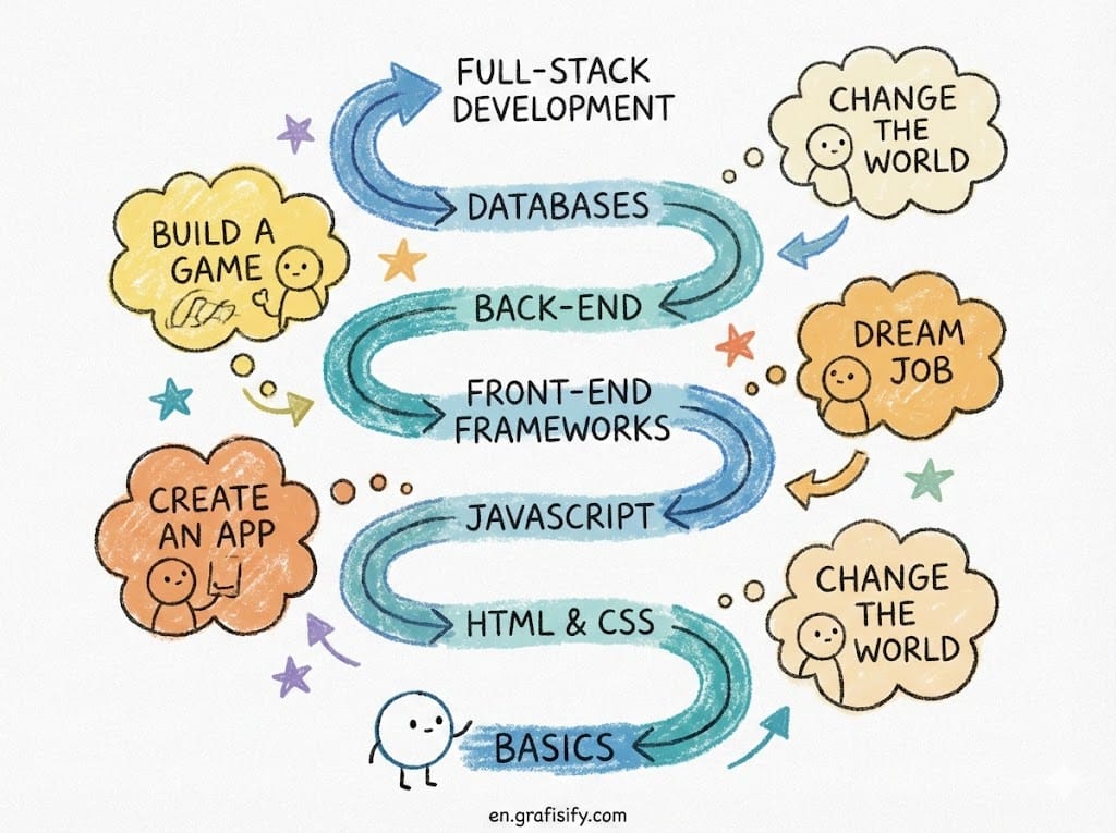 Diagram of a coding roadmap showing the path from basics to full-stack development