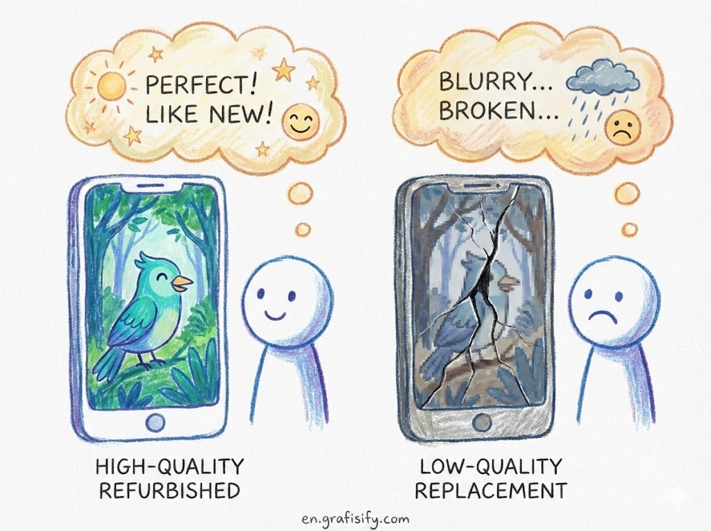 A side-by-side comparison of a high-quality refurbished screen versus a low-quality replacement
