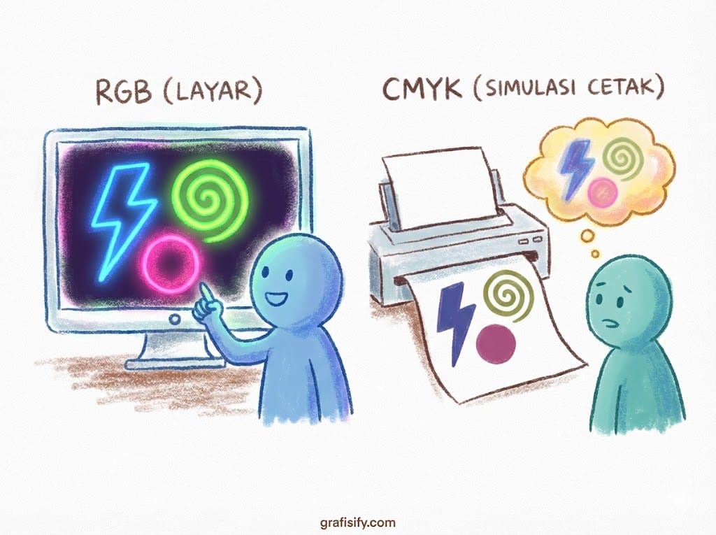 Perbandingan visual: Kiri RGB (layar), Kanan CMYK (simulasi cetak) yang menunjukkan penurunan saturasi warna neon.