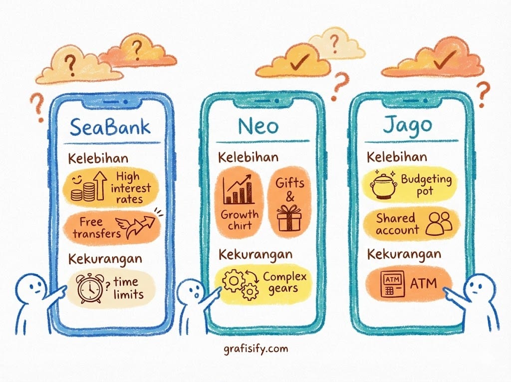 Ilustrasi perbandingan kelebihan dan kekurangan bank digital SeaBank Neo dan Jago di smartphone